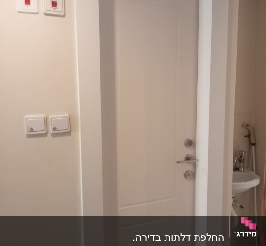 דלת לבנה עם ידית וכפתורים על הקיר